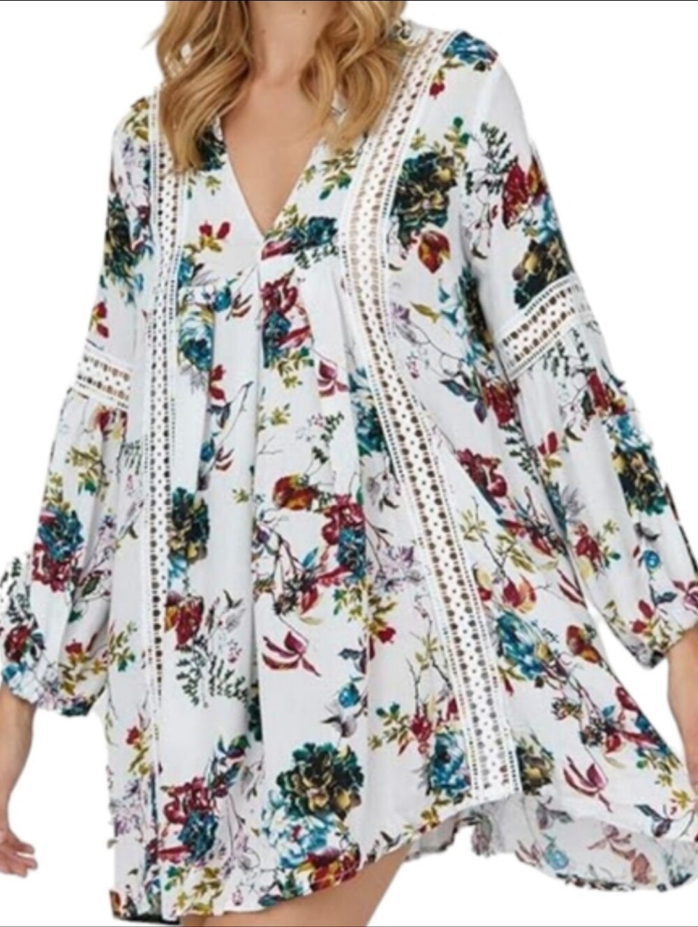 White Floral Crochet-Trim V-Neck Women's Top. R. Vivimos LARGE - Picture 2 of 7